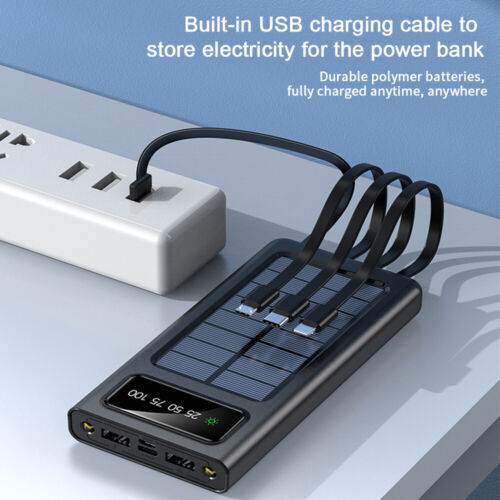 Power Bank Solar 2W con Cables Integrados – Carga Rápida USB, Linterna LED y Protección Total – Ideal para Viajes y Emergencias
