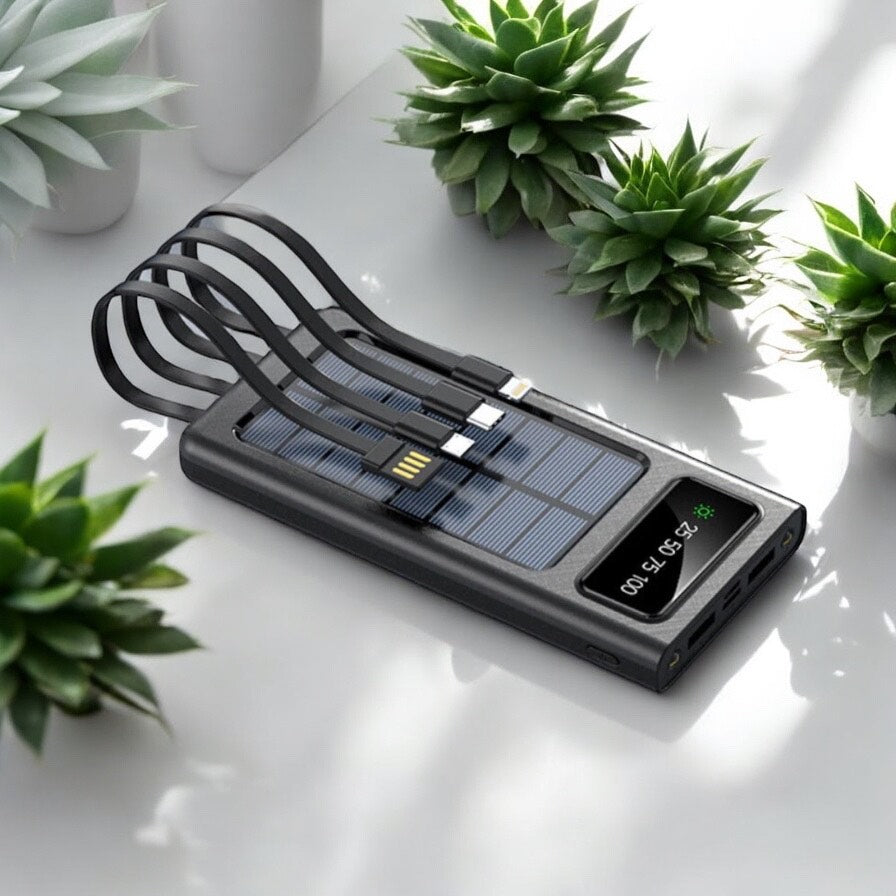 Power Bank Solar 2W con Cables Integrados – Carga Rápida USB, Linterna LED y Protección Total – Ideal para Viajes y Emergencias