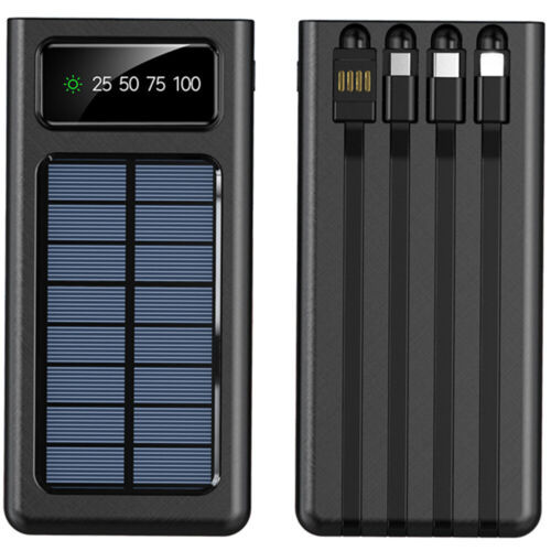 Power Bank Solar 2W con Cables Integrados – Carga Rápida USB, Linterna LED y Protección Total – Ideal para Viajes y Emergencias