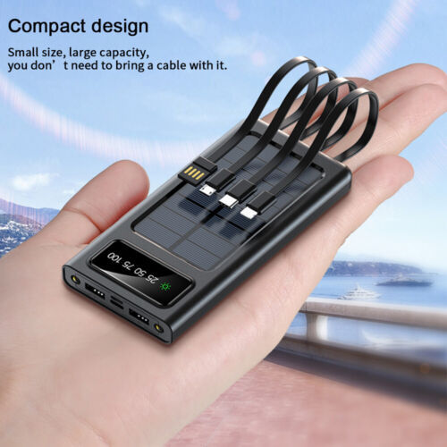 Power Bank Solar 2W con Cables Integrados – Carga Rápida USB, Linterna LED y Protección Total – Ideal para Viajes y Emergencias