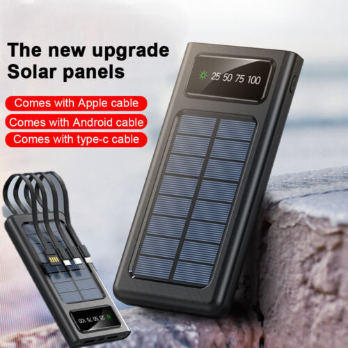 Power Bank Solar 2W con Cables Integrados – Carga Rápida USB, Linterna LED y Protección Total – Ideal para Viajes y Emergencias