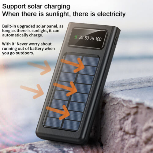 Power Bank Solar 2W con Cables Integrados – Carga Rápida USB, Linterna LED y Protección Total – Ideal para Viajes y Emergencias