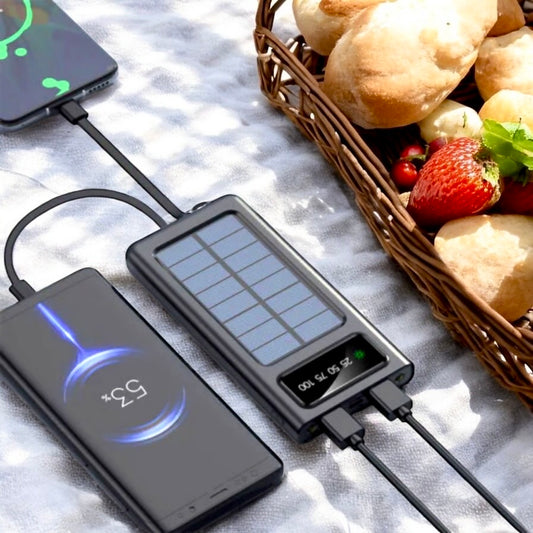 Power Bank Solar 2W con Cables Integrados – Carga Rápida USB, Linterna LED y Protección Total – Ideal para Viajes y Emergencias
