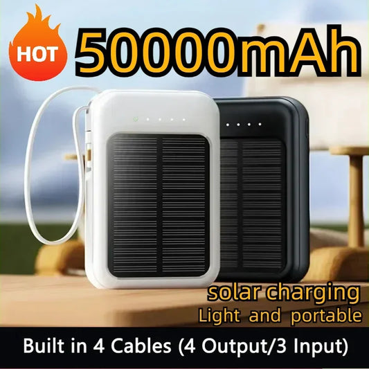 Solar Power Bank 50000mAh Super Fast Charging Compact Portable Built-in 4 Cable High Capacity External Battery With Led Light